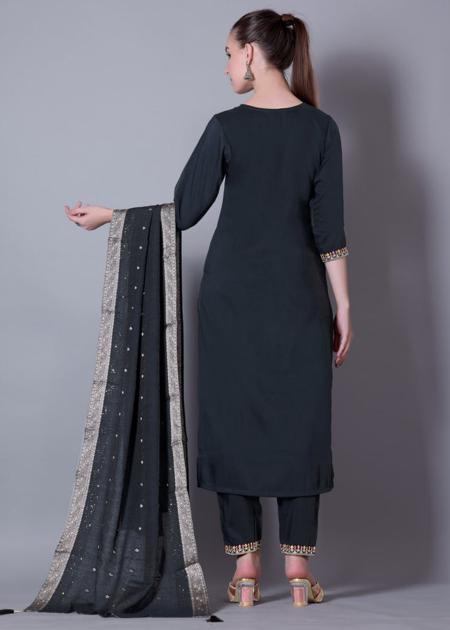 Dark Green Embroidered Pant Style Suit
