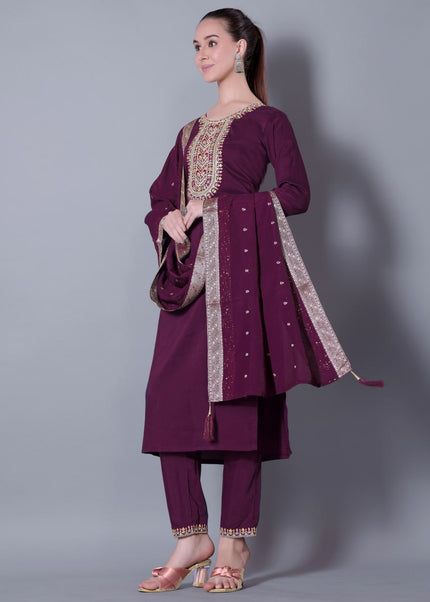 Purple Embroidered Pant Style Suit