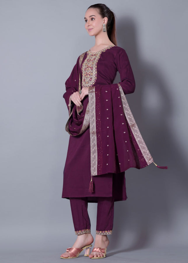 Purple Embroidered Pant Style Suit