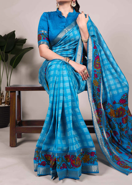 Blue Embroidered  Saree