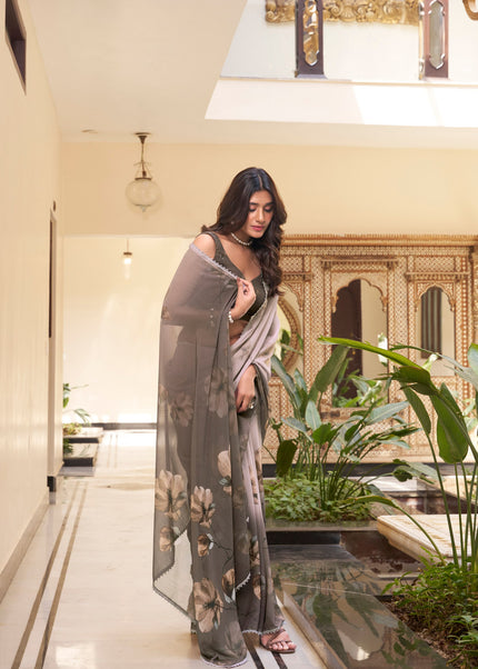 Beige Floral Printed and Embroidered Saree