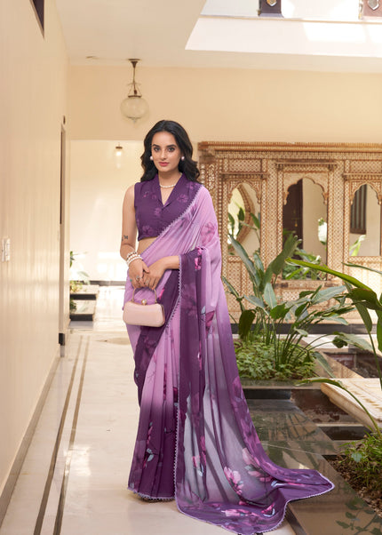 Purple Floral Printed and Embroidered Saree