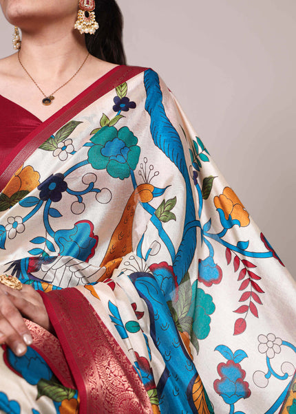 Offwhite and Red and Green Embroidered  Saree