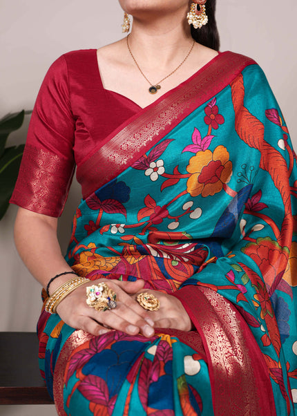 Teal and Red Embroidered  Saree