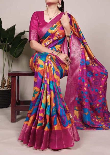 Mustard and Pink Embroidered  Saree