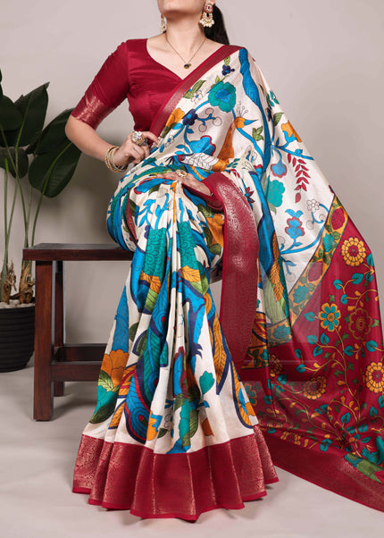 Offwhite and Red and Green Embroidered  Saree