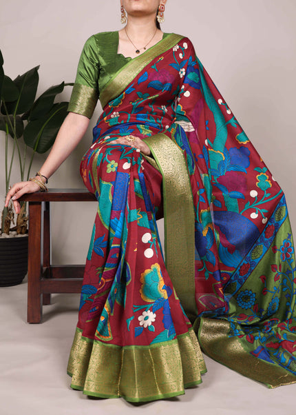 Maroon and Green Embroidered  Saree