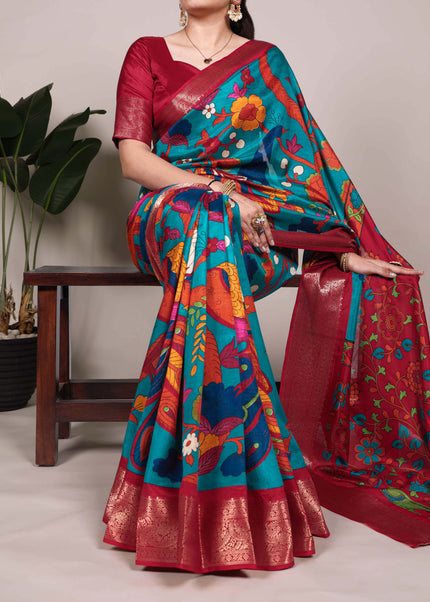 Teal and Red Embroidered  Saree