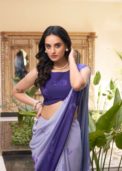 Blue Floral Printed and Embroidered Saree