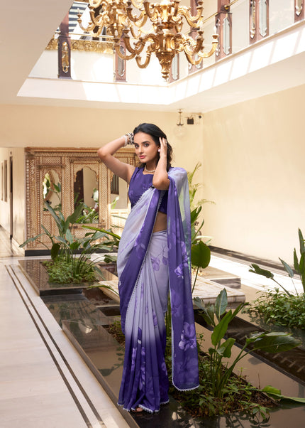 Blue Floral Printed and Embroidered Saree