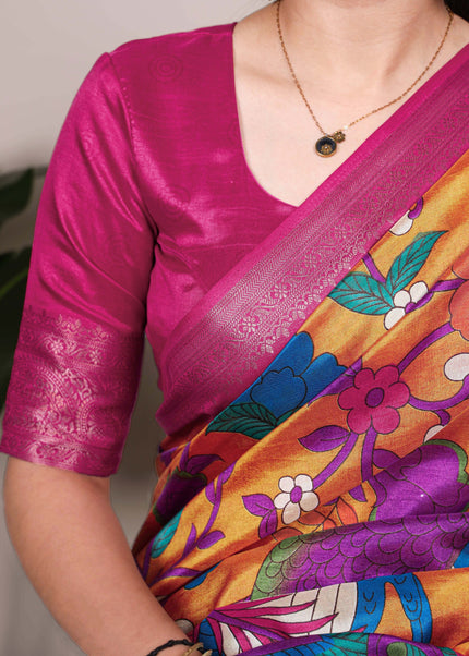Mustard and Pink Embroidered  Saree