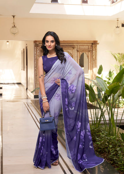 Blue Floral Printed and Embroidered Saree