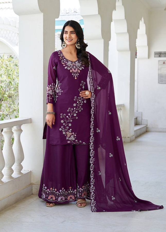 Purple Embroidered Sharara Suit