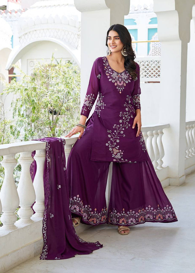 Purple Embroidered Sharara Suit
