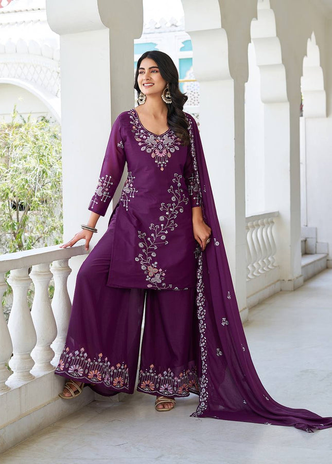 Purple Embroidered Sharara Suit