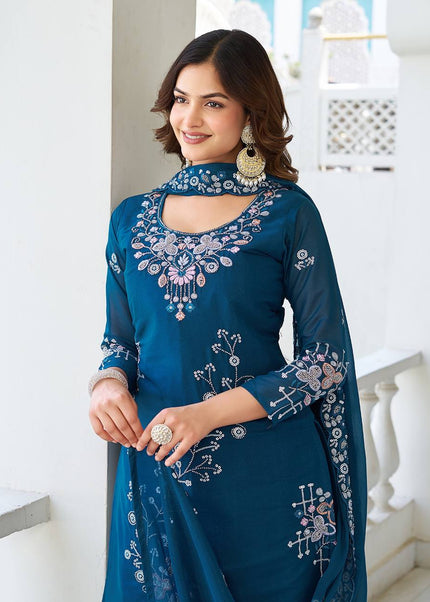 Blue Embroidered Sharara Suit