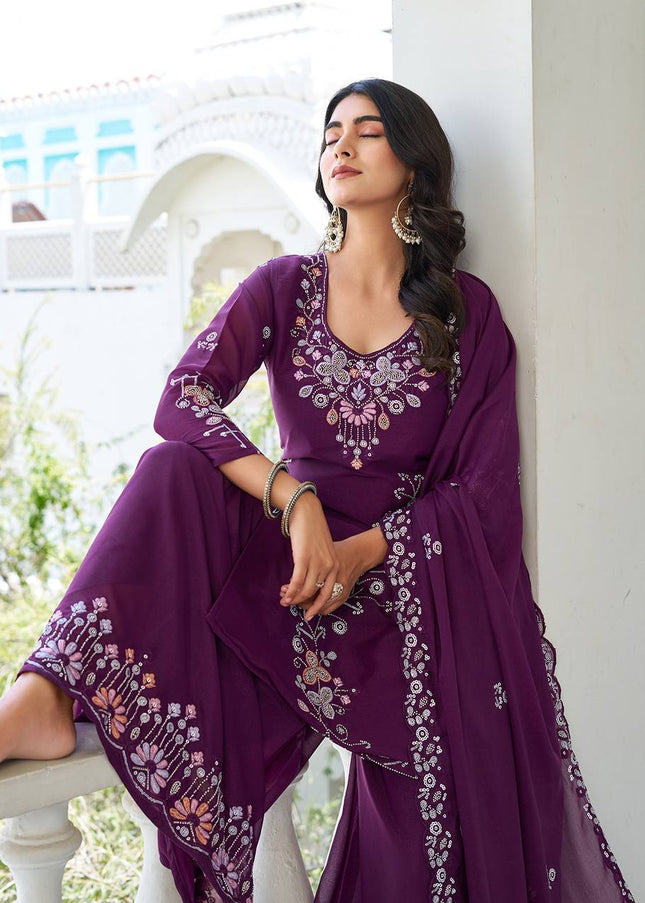 Purple Embroidered Sharara Suit