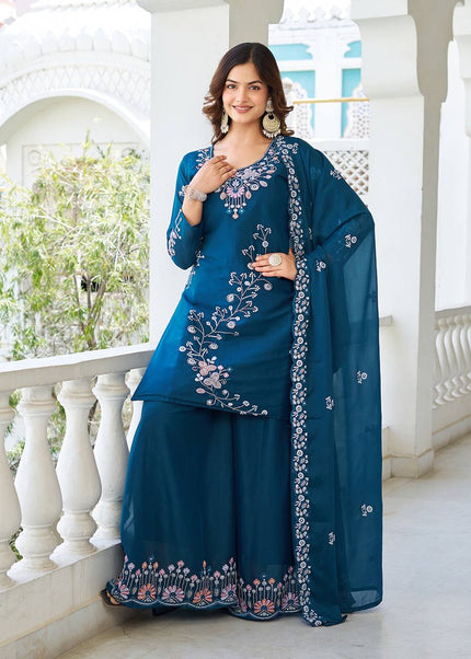 Blue Embroidered Sharara Suit
