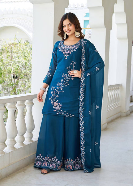 Blue Embroidered Sharara Suit