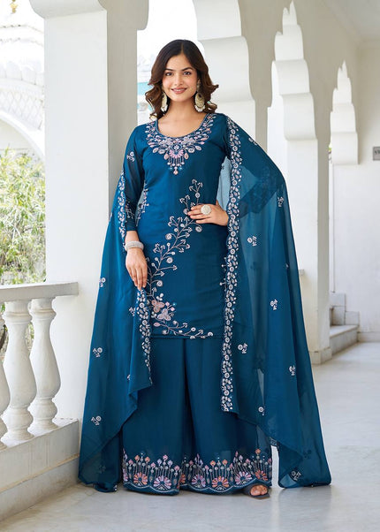 Blue Embroidered Sharara Suit