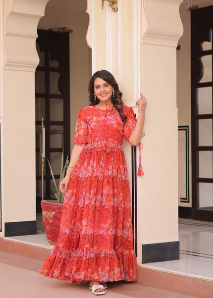 Orange Floral Printed Anarkali Gown