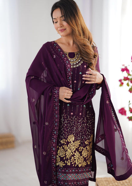 Purple Embroidered Pant Style Suit