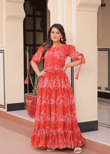 Orange Floral Printed Anarkali Gown