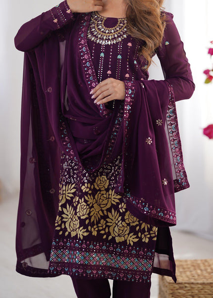 Purple Embroidered Pant Style Suit