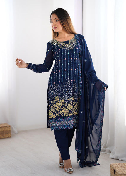 Blue Embroidered Pant Style Suit