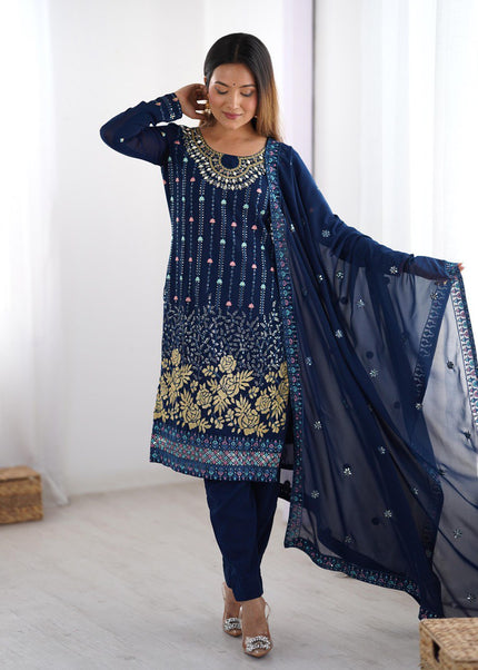 Blue Embroidered Pant Style Suit
