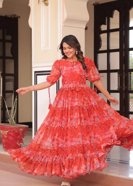 Orange Floral Printed Anarkali Gown