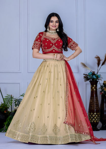 Red and Beige Embroidered Lehenga Choli