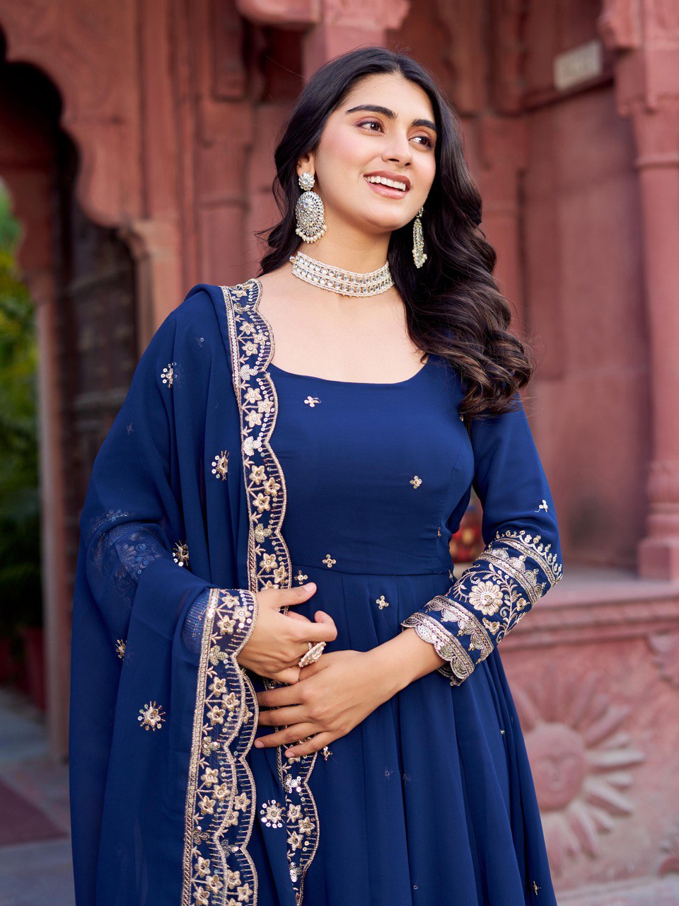 anarkali dress navy blue Navy Blue Embroidered Brocade Anarkali