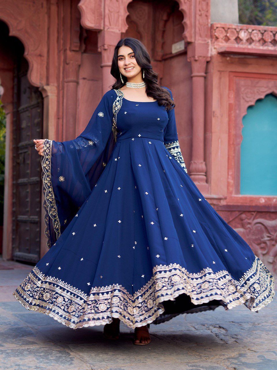 Blue Embroidered Anarkali Gown FALAKENOOR Blue Embroidered Anarkali Gown FALAKENOOR