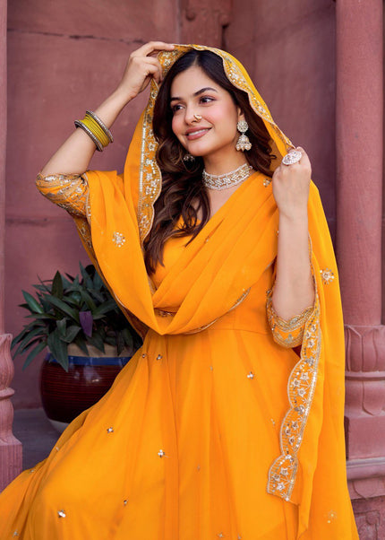 Yellow Embroidered Anarkali Gown