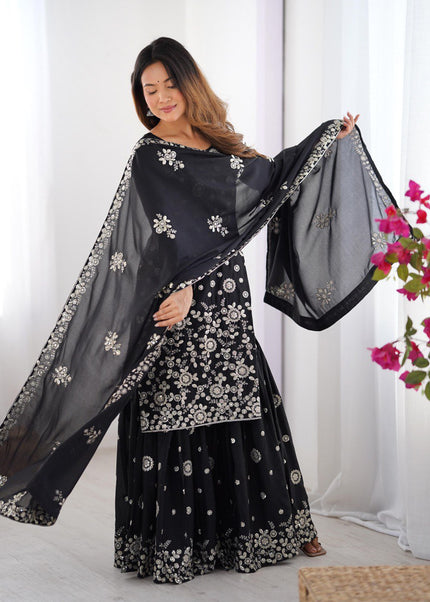Black Embroidered Sharara Suit