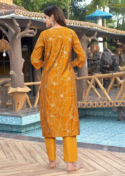 Yellow Printed and Embroidered Pant Style Suit