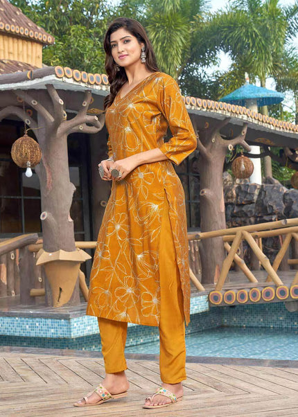 Yellow Printed and Embroidered Pant Style Suit