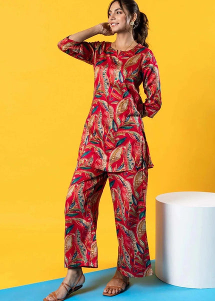 Orange Multicolor Printed and Embroidered Co-Ord Set