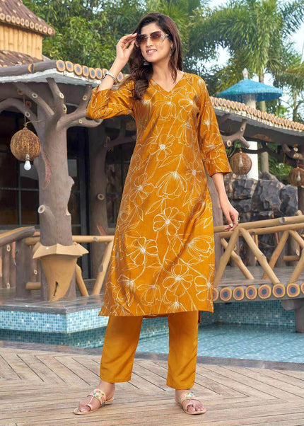Yellow Printed and Embroidered Pant Style Suit