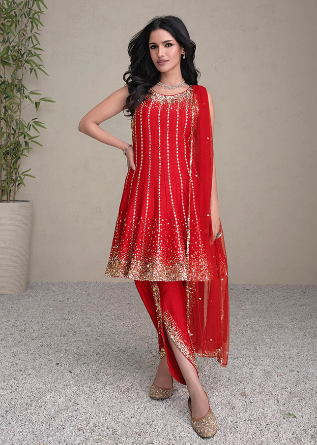 Red Embroidered Dhoti Pant Style Suit