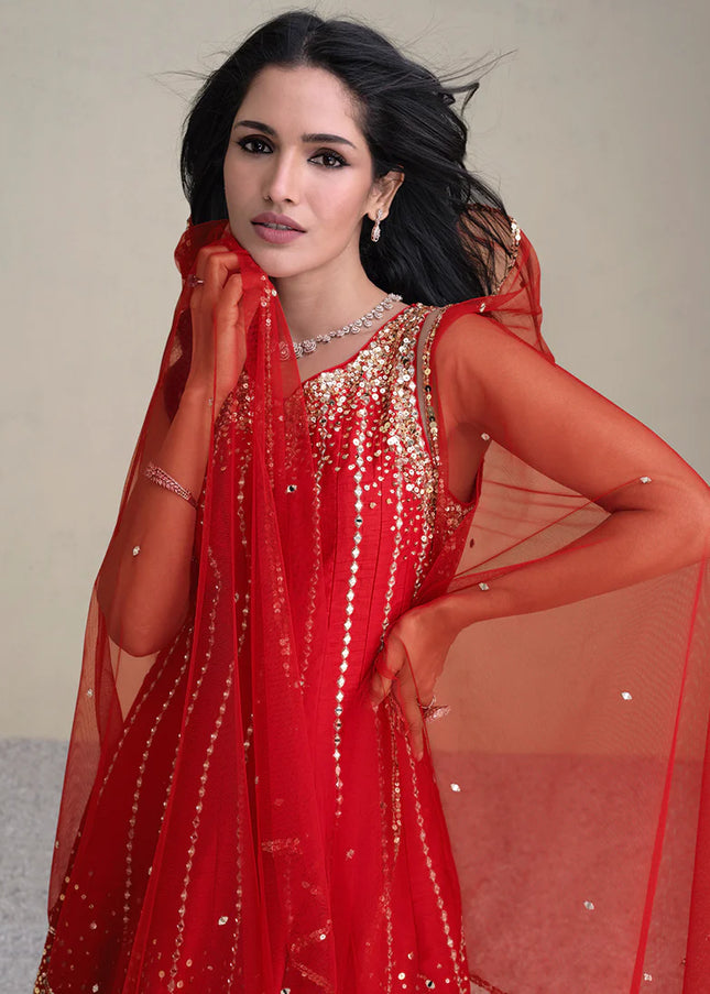 Red Embroidered Dhoti Pant Style Suit