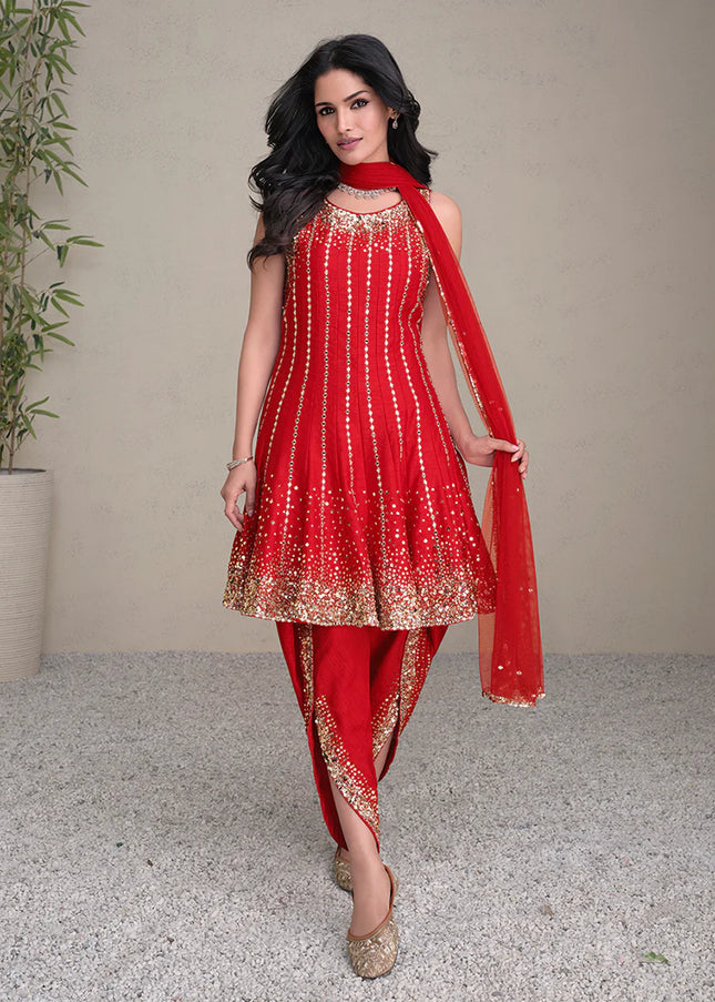 Red Embroidered Dhoti Pant Style Suit