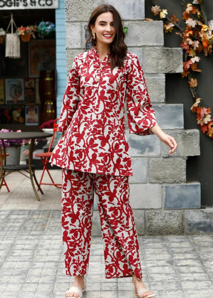 Offwhite and Maroon Multicolor Printed and Embroidered Co-Ord Set