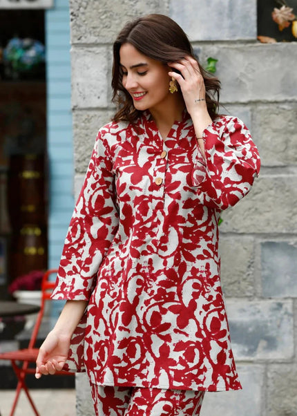 Offwhite and Maroon Multicolor Printed and Embroidered Co-Ord Set