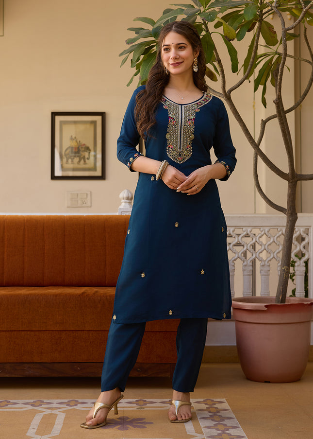 Navy Blue Embroidered Pant Style Suit