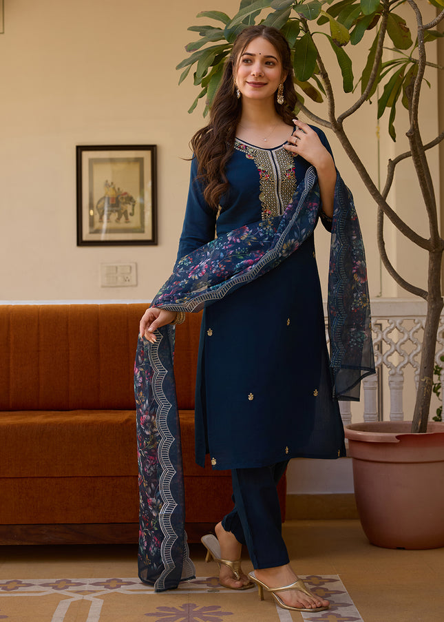 Navy Blue Embroidered Pant Style Suit