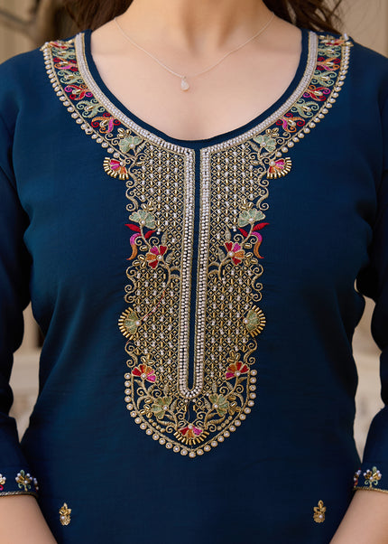 Navy Blue Embroidered Pant Style Suit
