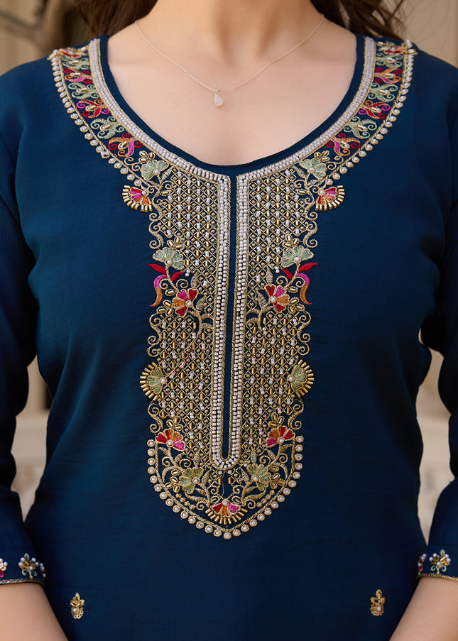 Navy Blue Embroidered Pant Style Suit