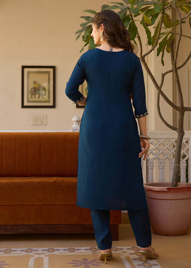 Navy Blue Embroidered Pant Style Suit